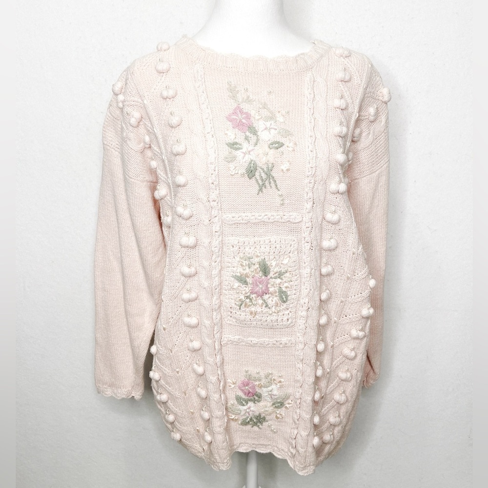 Vintage 90s Casual Corner Hand Knit Heavy Sweater Ribbon Pearls Pink Coquette
